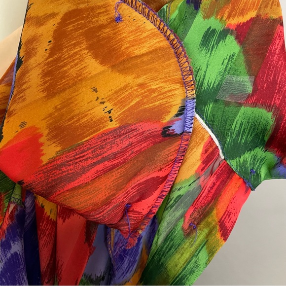 Vintage Floral Blouse Sheer Stripe Vibrant Colors Rolled Collar Eclectic Pleats - Picture 4 of 16